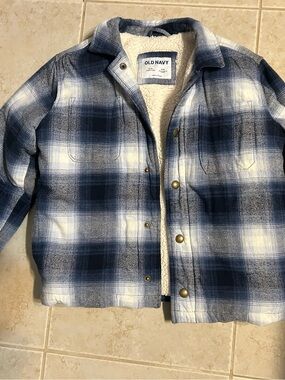 Old Navy Navy and White Plaid Sherpa-Lined Shirt Jacket